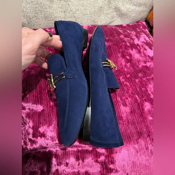 LOUIS VUITTON Authentic Ladies Blue Suede Logo Loafers Brass LV new not worn 41 - Picture 4 of 8
